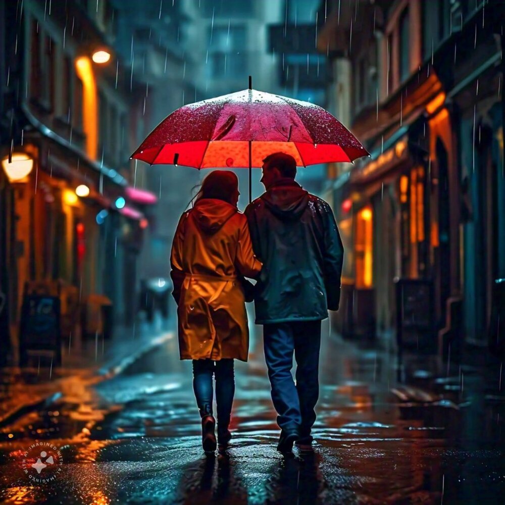 PHOTO OF A MAN AND WOMAN WALKING DOWN A CITY STREET IN THE RAIN